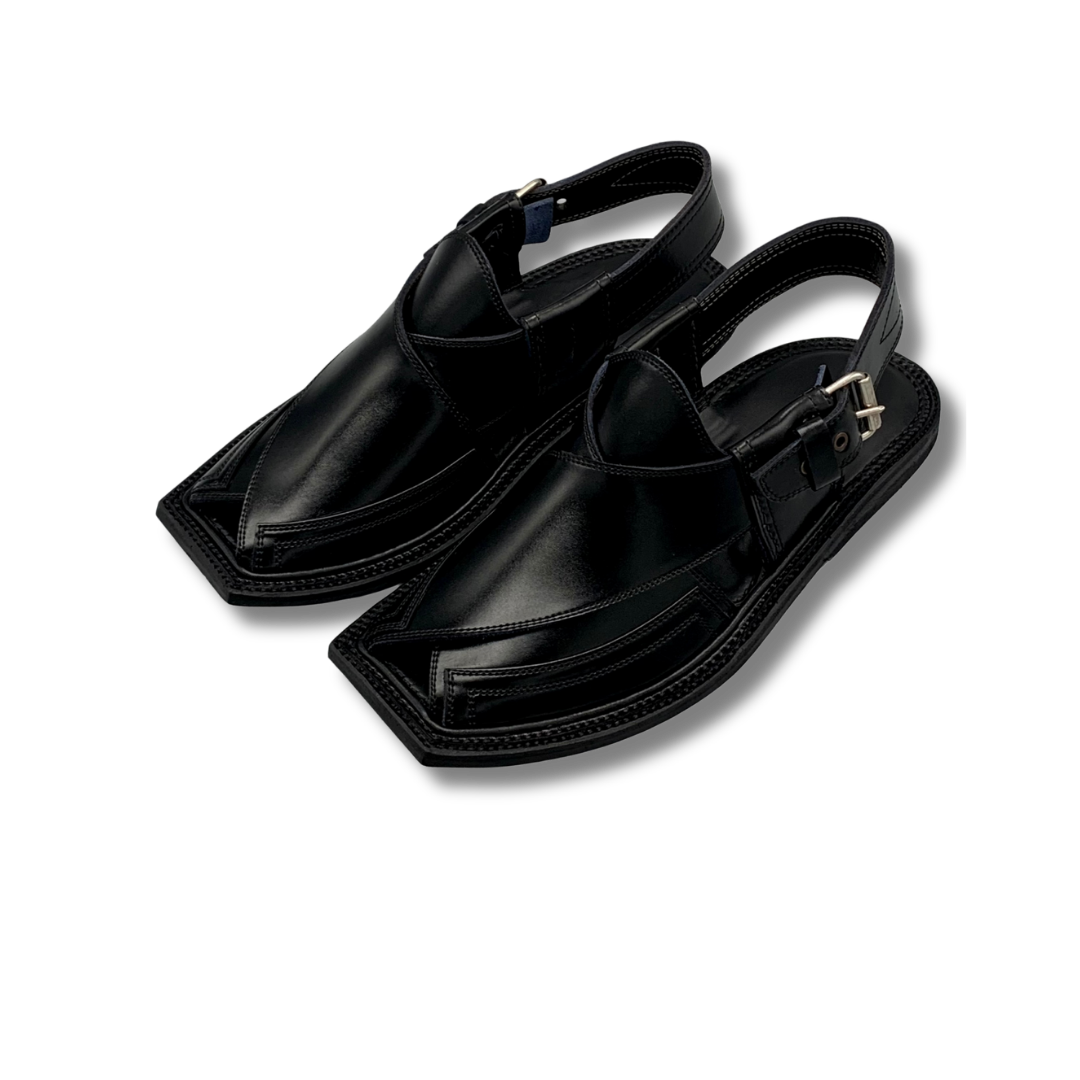 Black Double Gear Takidar T-Shape Peshawari Chappal