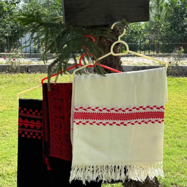 Ladies Off-white Pashmina Shawl with Red Border | Collection of Ladies Shawls Red, black, & White color