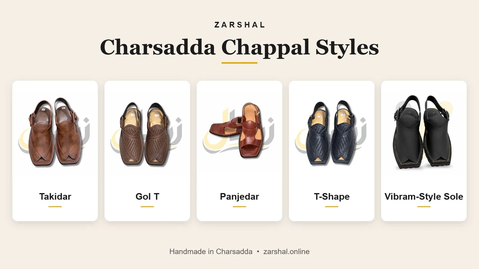 Zarshal Charsadda chappal styles: Takidar, Gol T, Panjedar, T-Shape and Vibram-style sole chappals