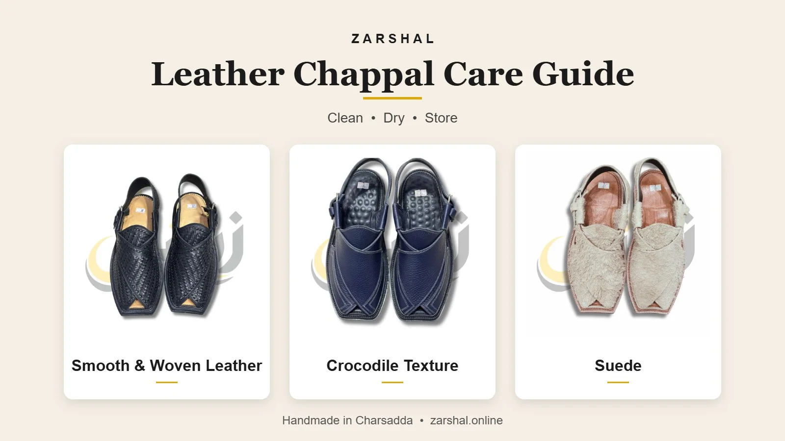 Leather chappal care guide showing smooth woven leather, crocodile texture and suede Peshawari chappals from Zarshal