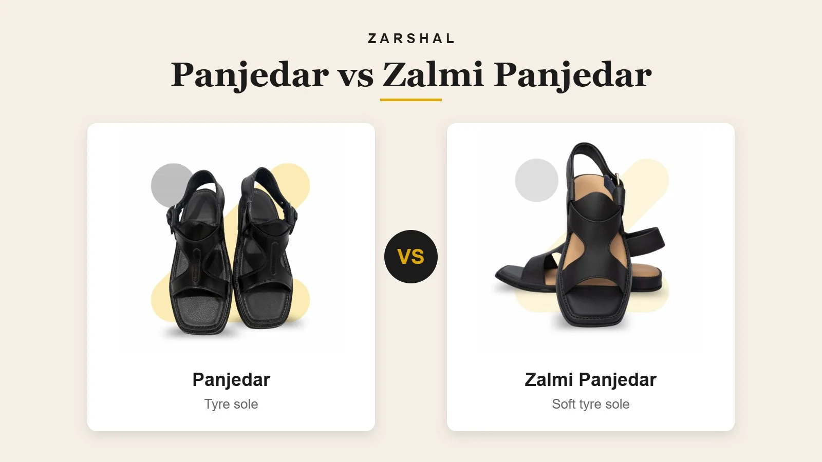 Black Panjedar chappal with tyre sole next to Black Zalmi Panjedar chappal with soft tyre sole